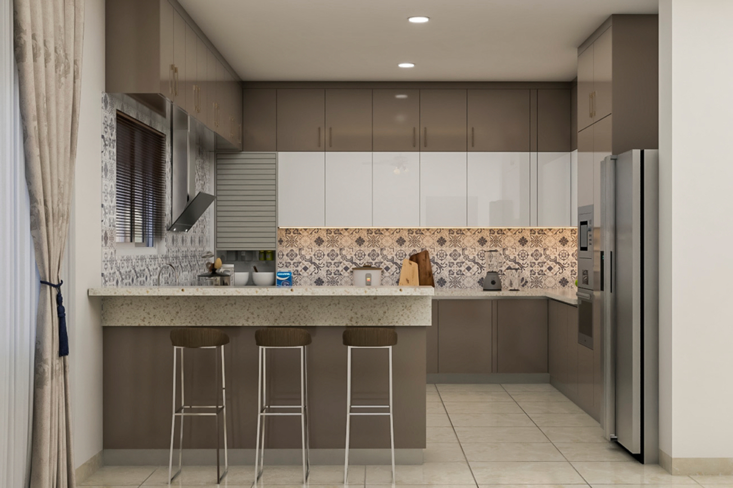 Modern Kitchen Interior Design With Floral Dado And Cove Lighting