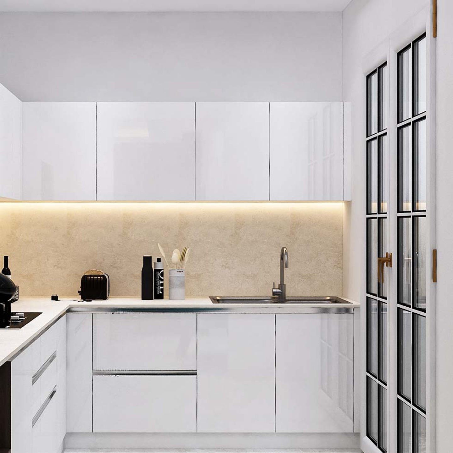 Modern Modular L-Shaped Kitchen Design In White