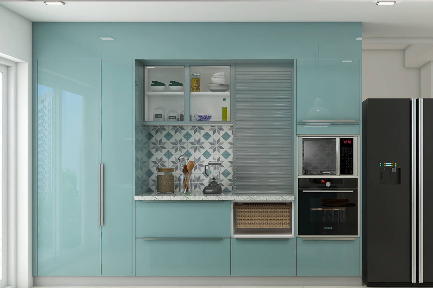 Green Modular Kitchen Design With Glossy Cabinets