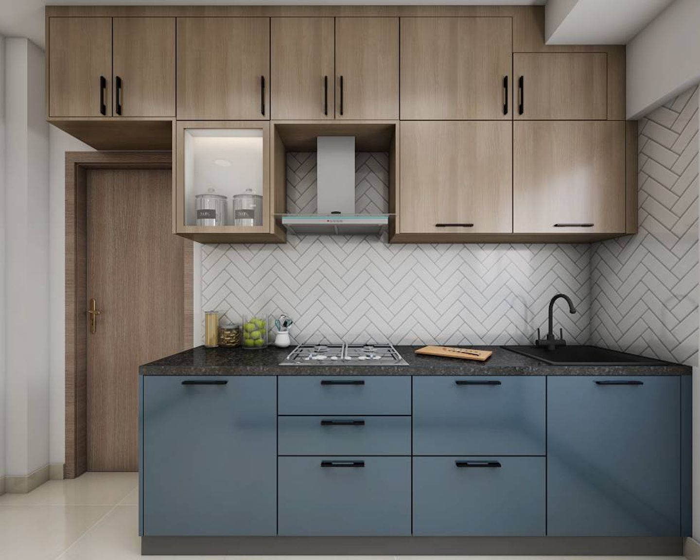 Blue And Wood Kitchen Design - Livspace