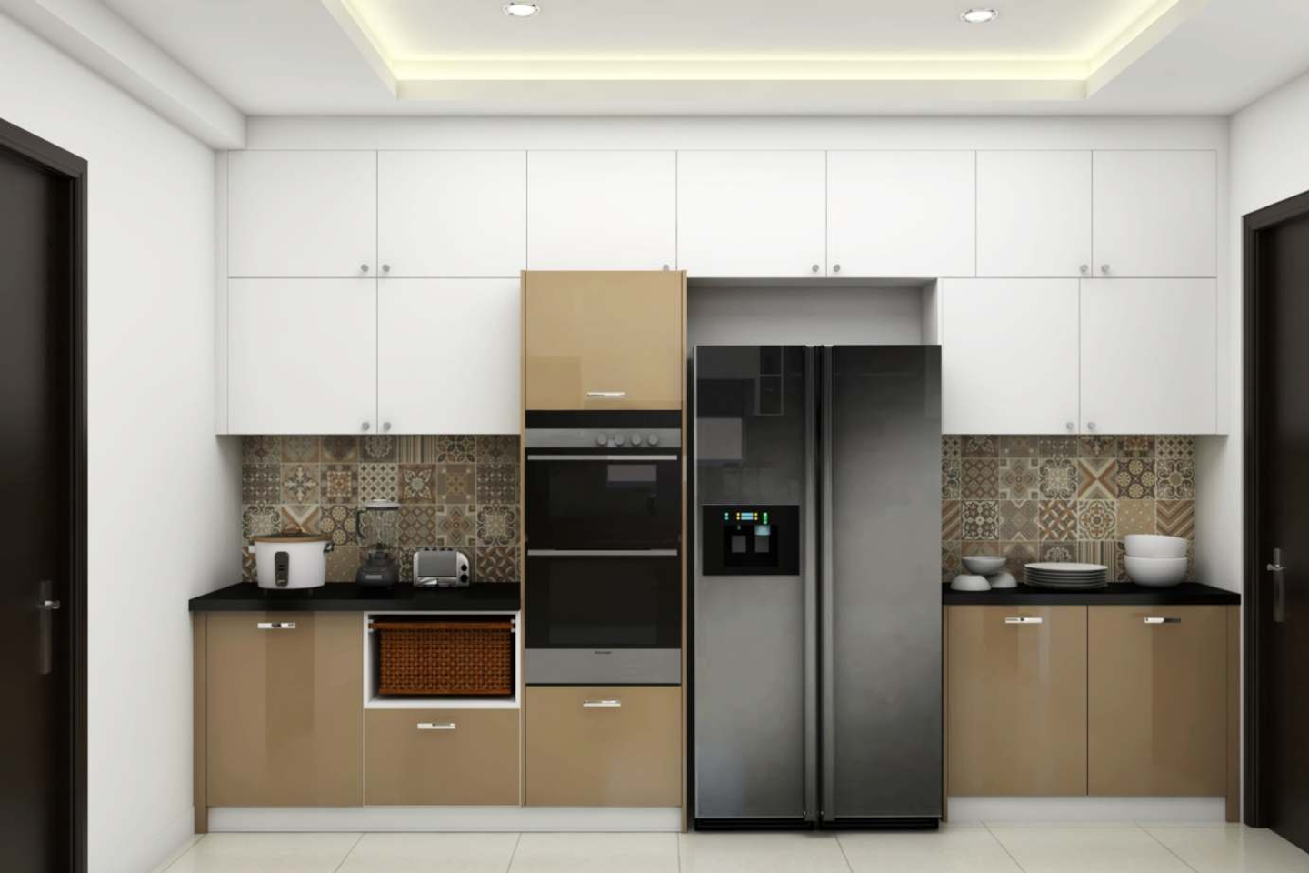 Modern Parallel Kitchen Design In Light Brown And White