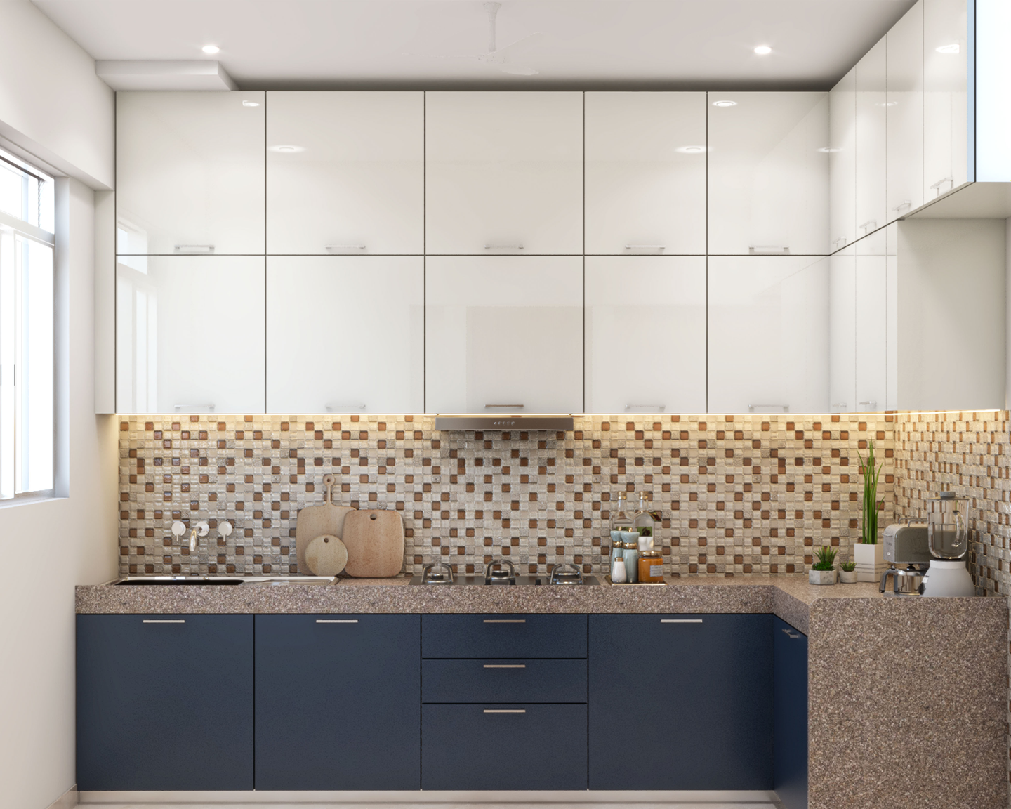 Blue and White Contemporary L-Shaped Kitchen Design