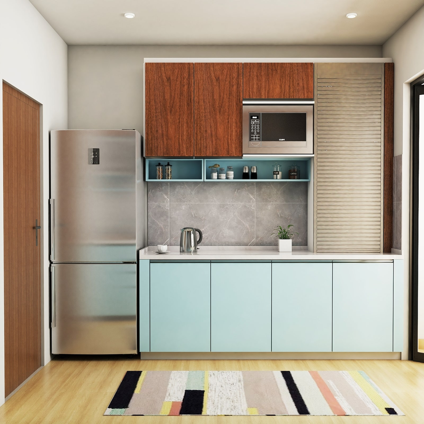 Contemporary Parallel Modular Kitchen Design In Blue And Wood