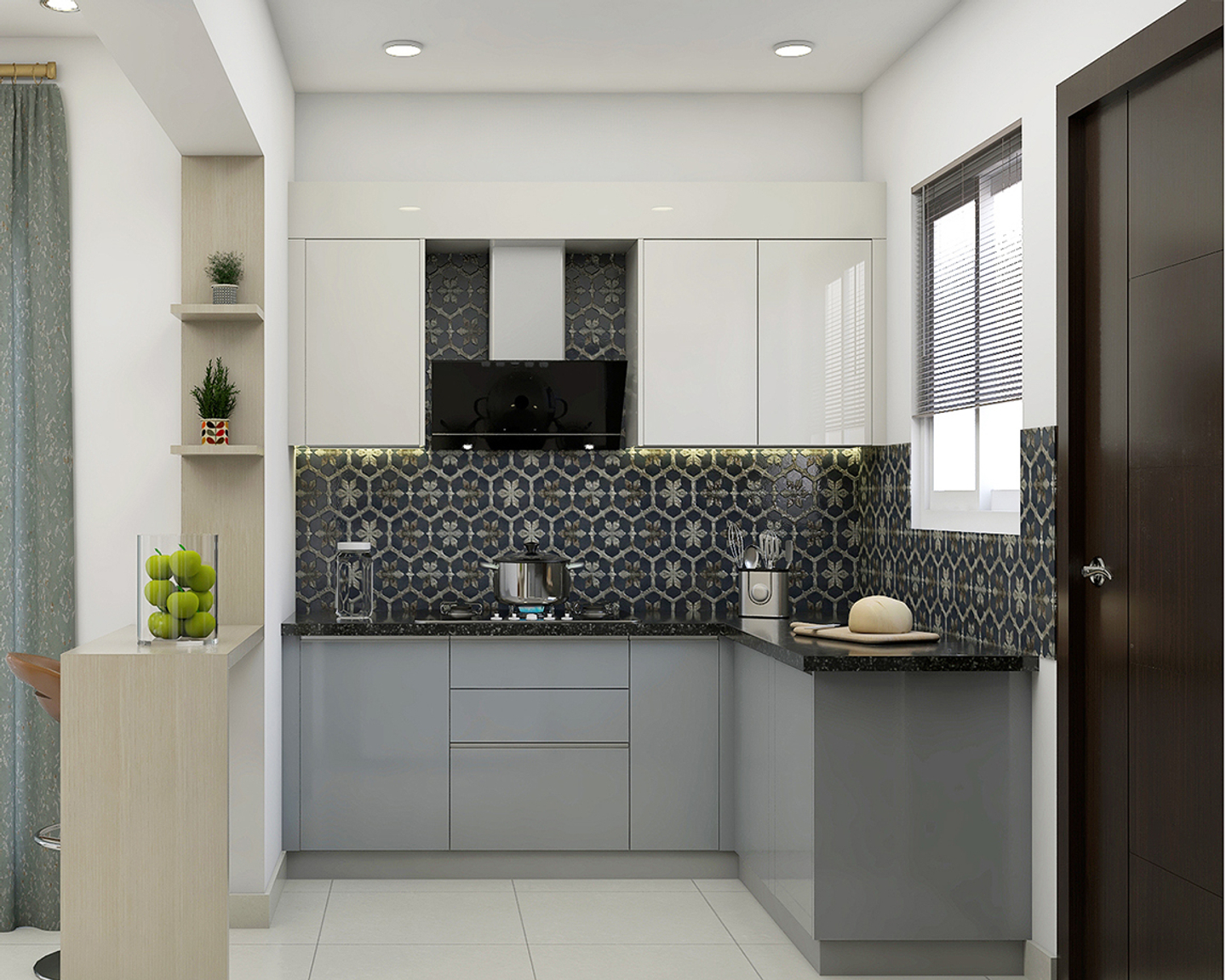 Compact Grey Kitchen Design With Black Patterned Dado Tiles | Livspace