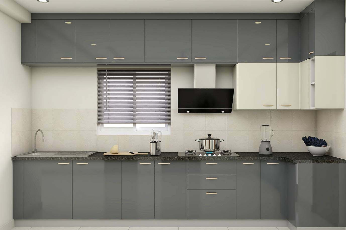 L-Shaped Grey Kitchen Design - Livspace