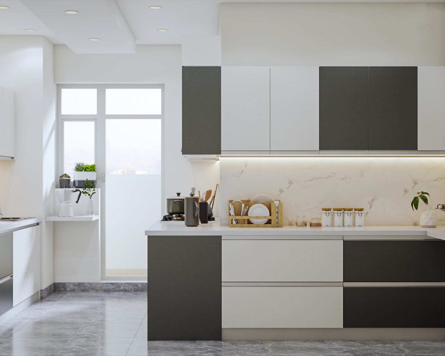 Modern Style Spacious Modular Kitchen Design In Grey And White