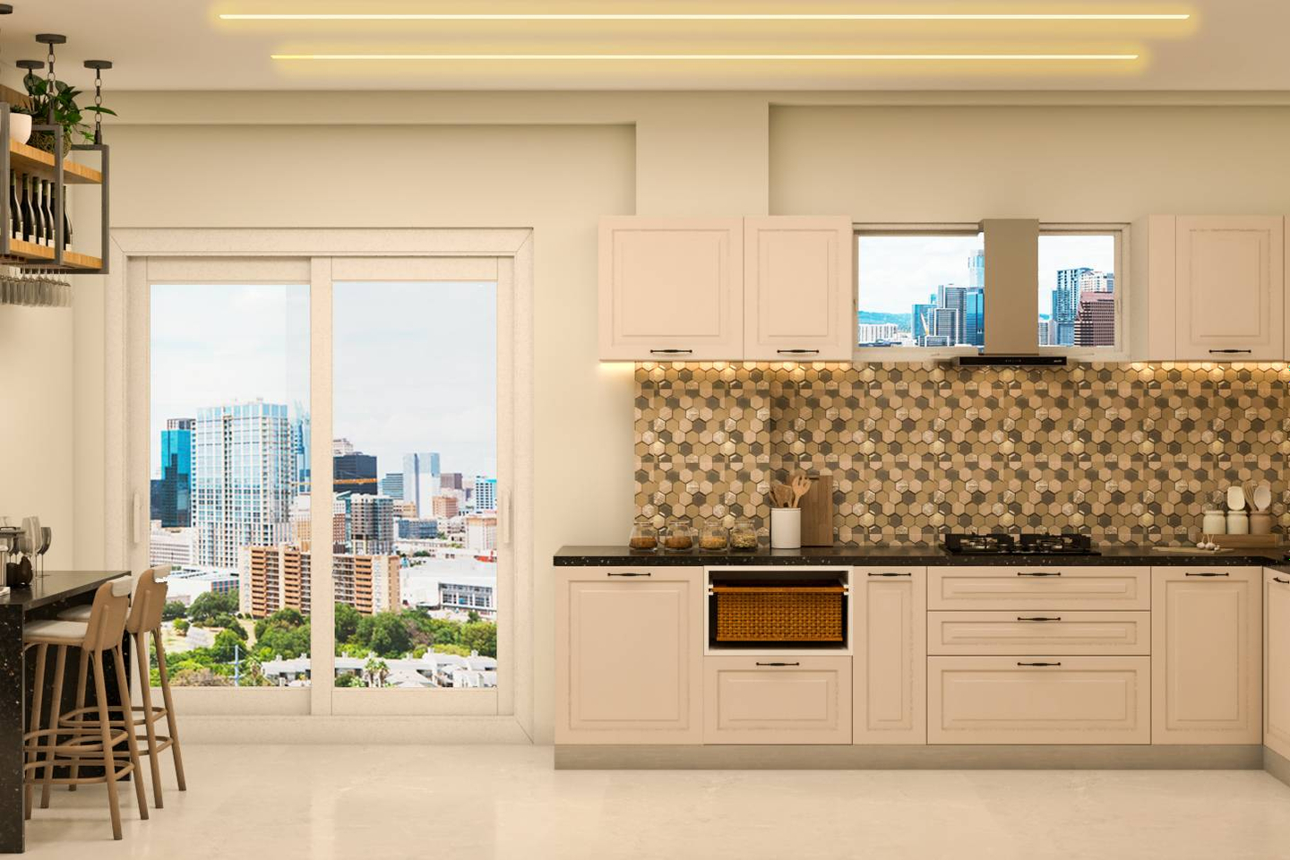 Modern L-Shaped Kitchen Design With Hexagonal-Patterned Dado
