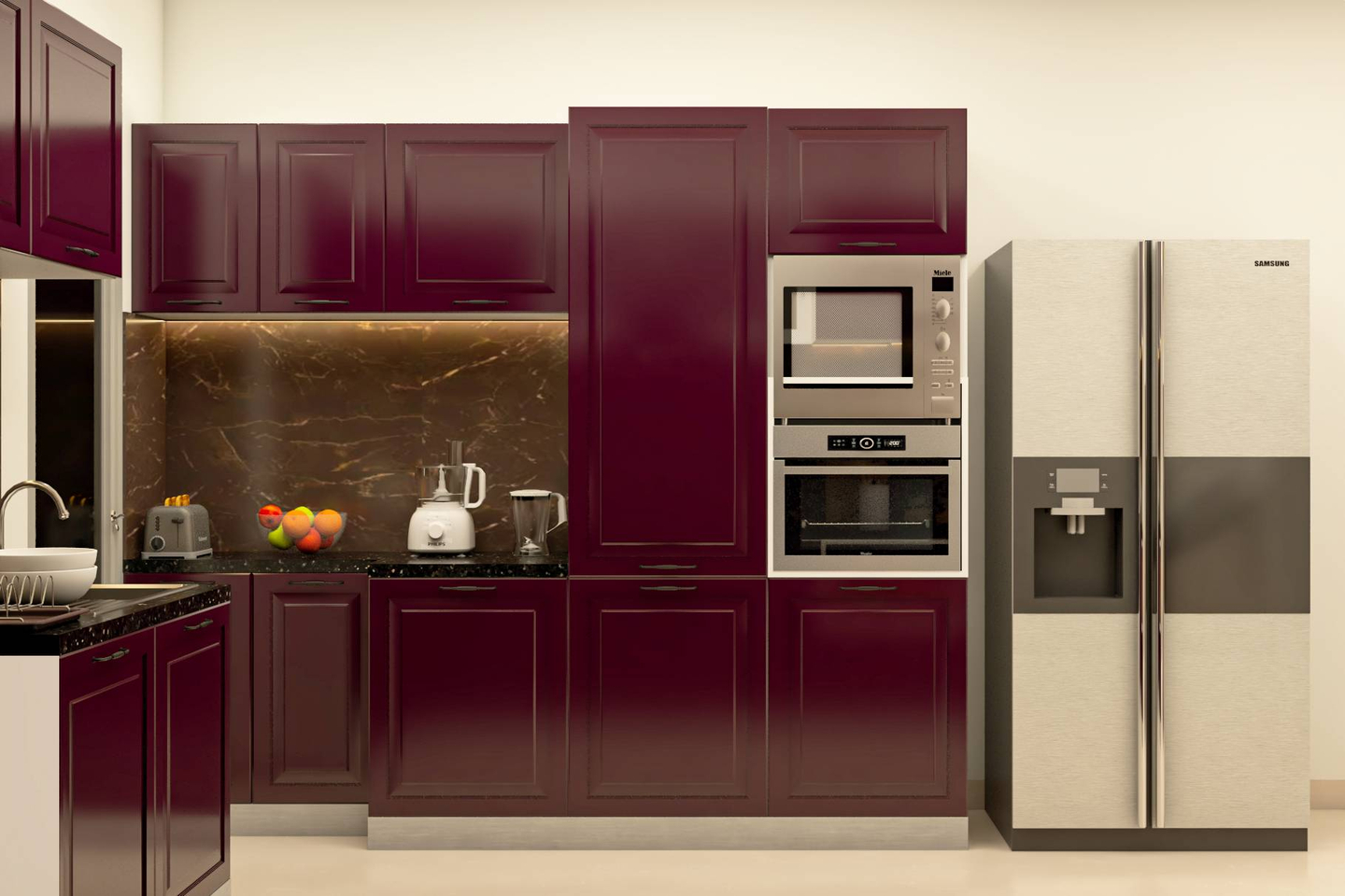 Contemporary L-Shaped Modular Kitchen Cabinet Design In Maroon