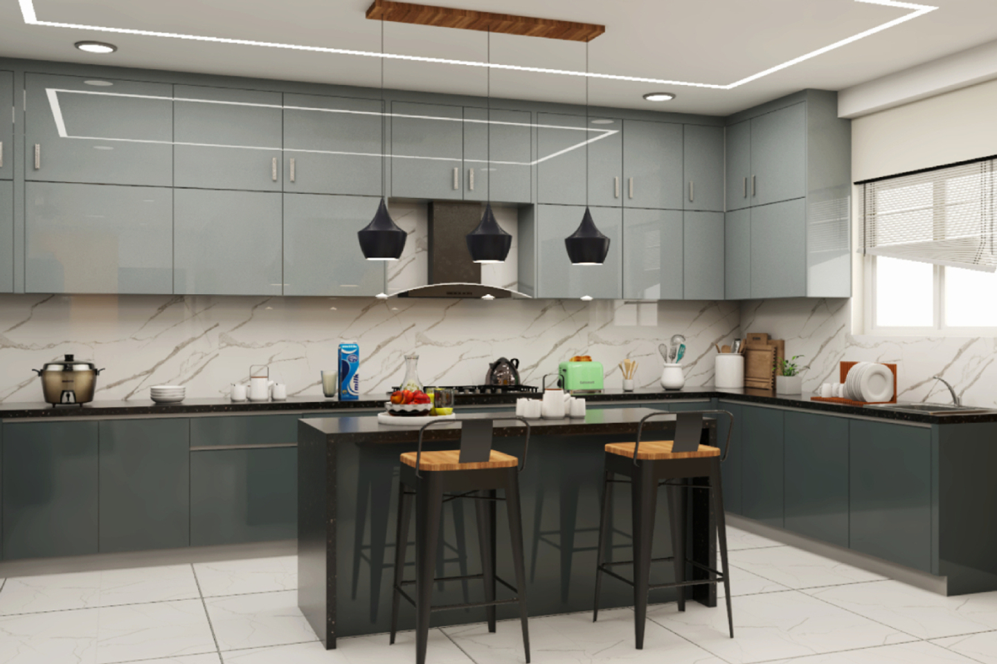 Grey U-Shaped Kitchen Design - Livspace