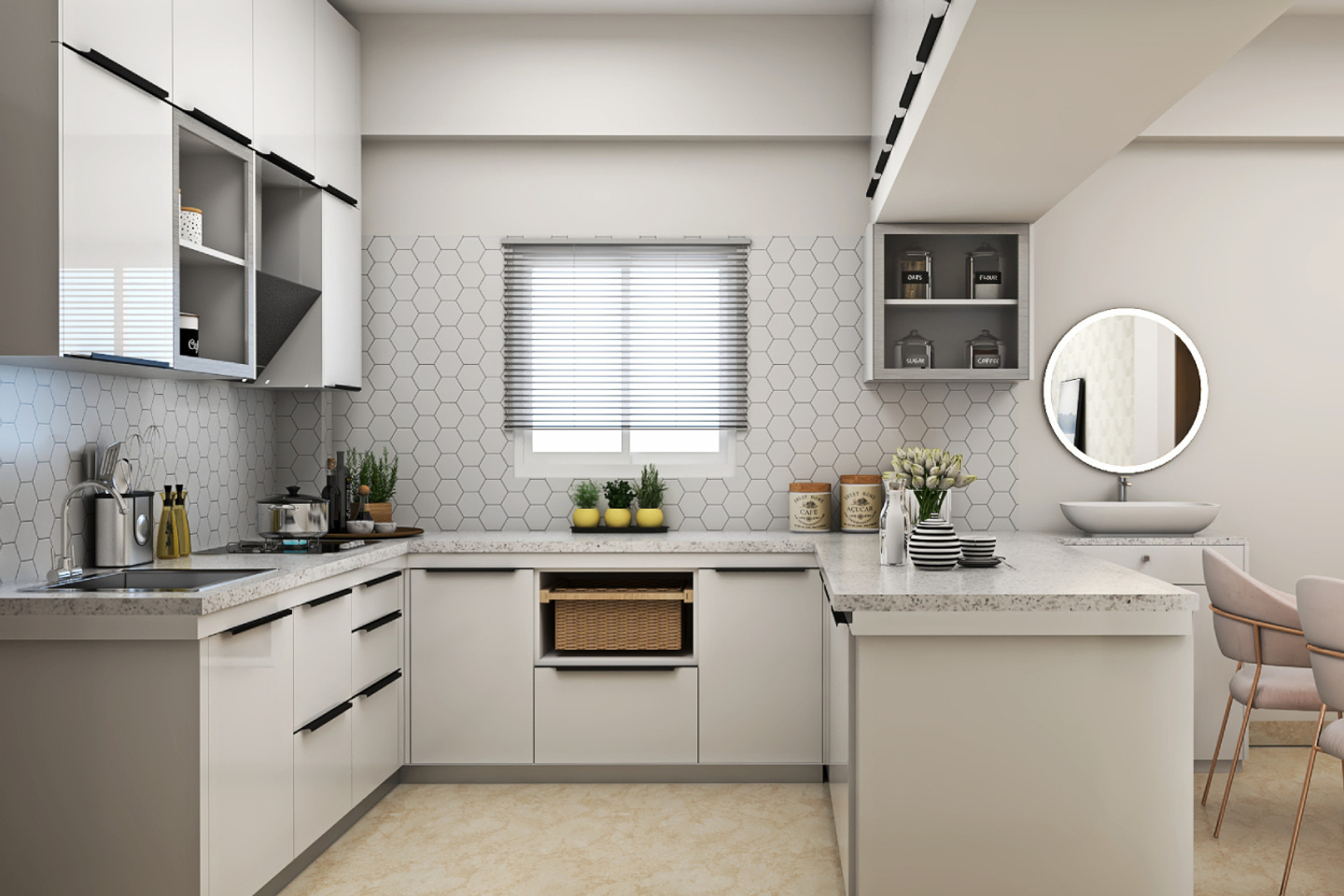 Glossy White U-Shaped Kitchen - Livspace
