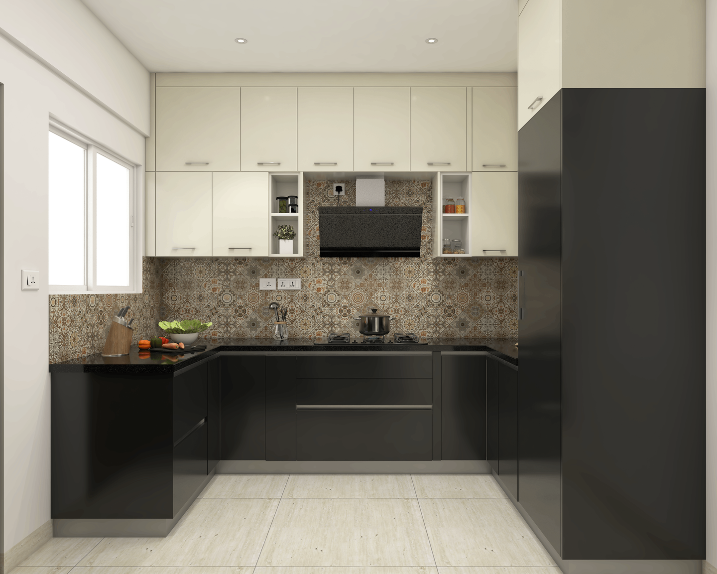 U-Shaped Black And White Kitchen - Livspace