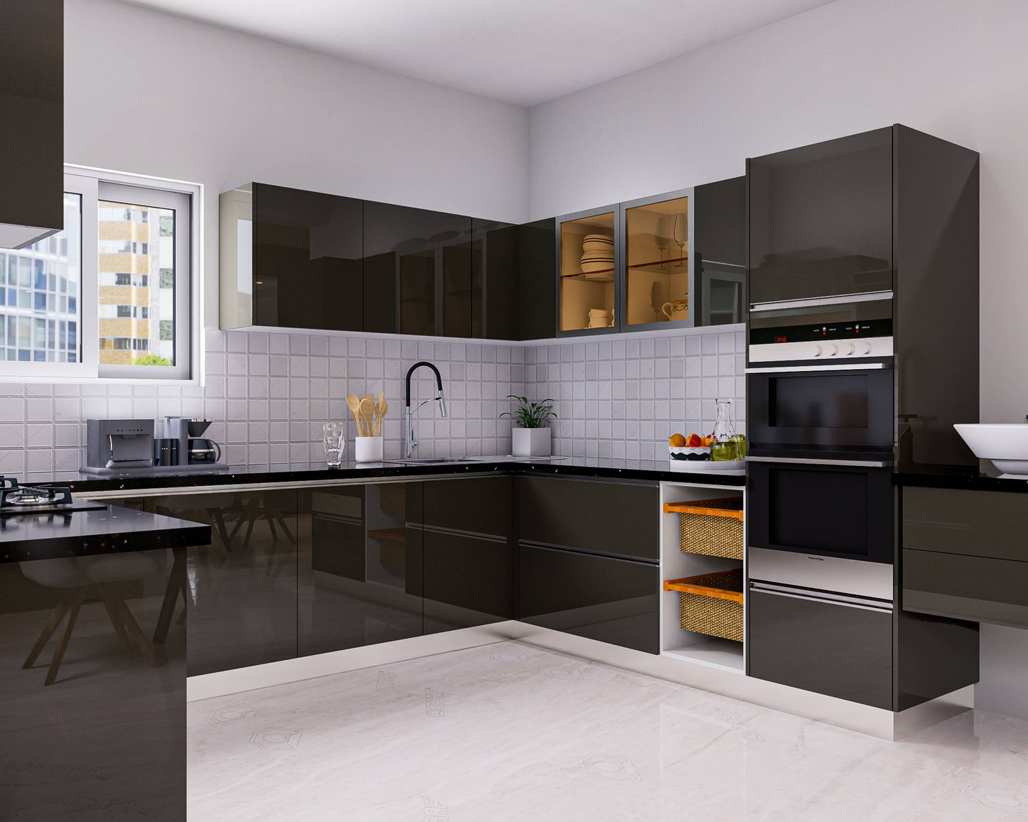 Modern U-Shaped Modular Kitchen Design In Black And White
