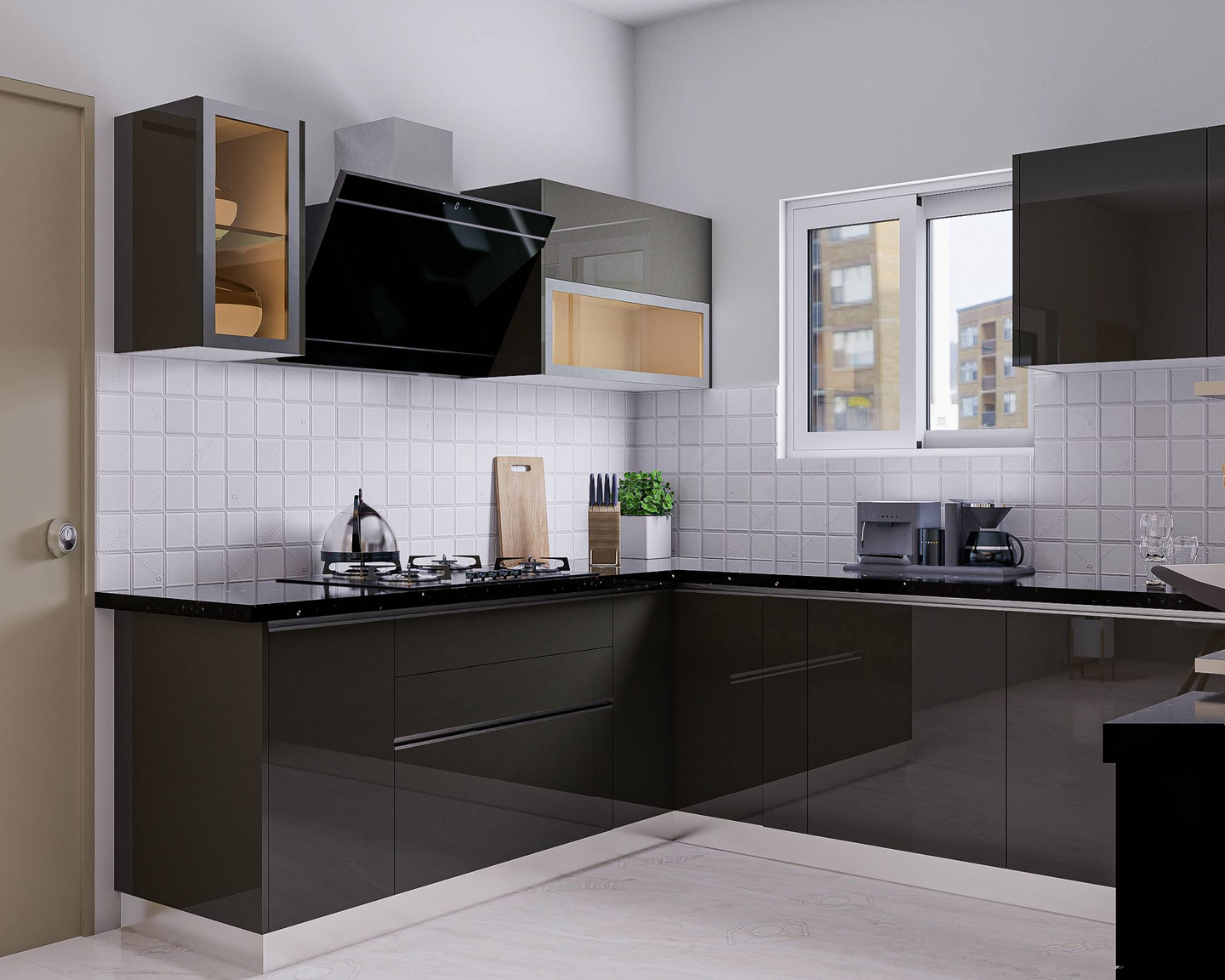 Black And White U-Shaped Kitchen - Livspace
