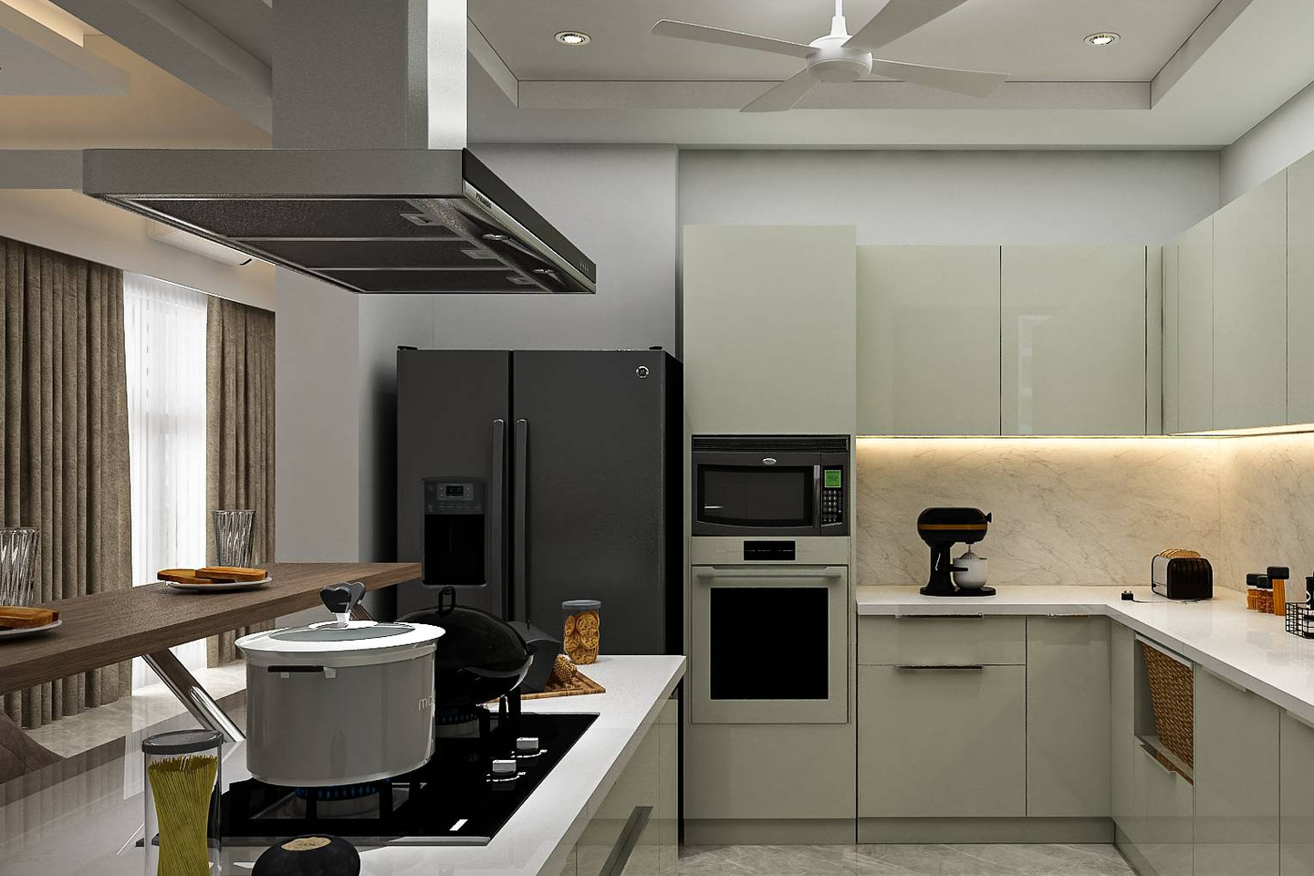 Contemporary L-Shaped Modular White Kitchen Design With Wooden Breakfast Counter
