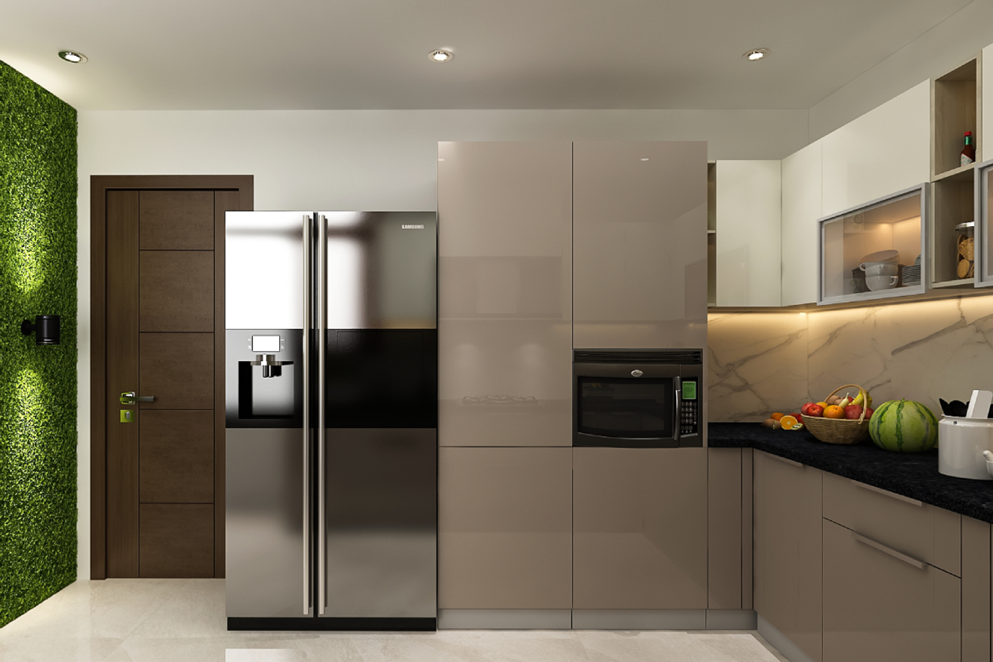 Modern Beige L-Shaped Kitchen Design With Profiled Glass