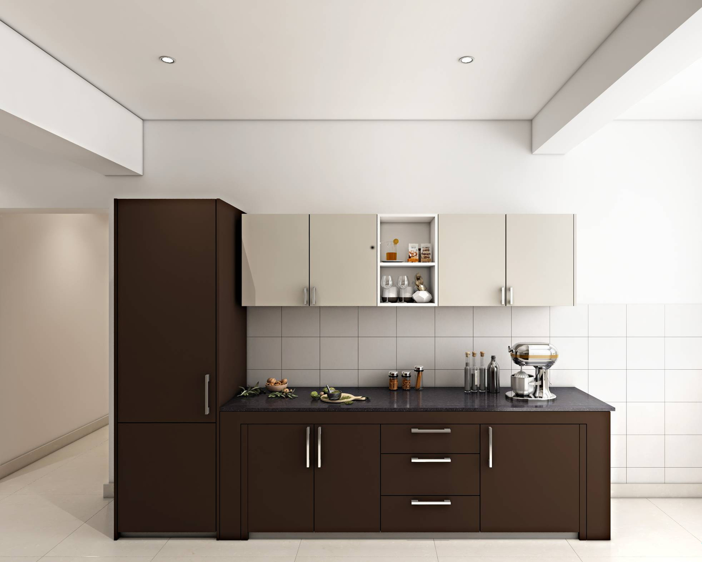 Contemporary Parallel Kitchen Design With White Wall Cabinets
