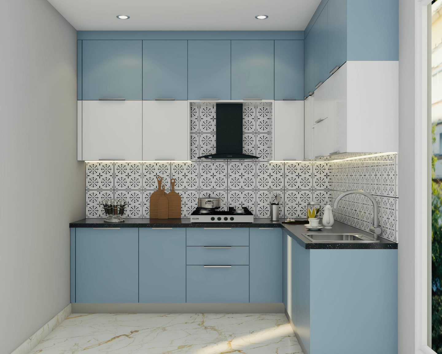 Contemporary Blue-Toned Kitchen Design With Geometric Dado | Livspace