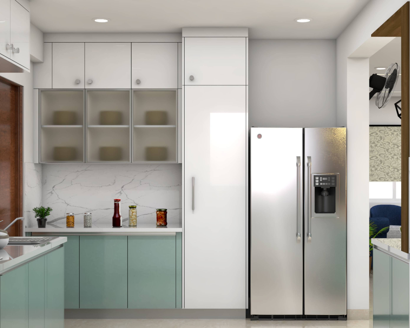 Spacious Modular U-Shaped Kitchen Design With Pastel Blue Cabinet