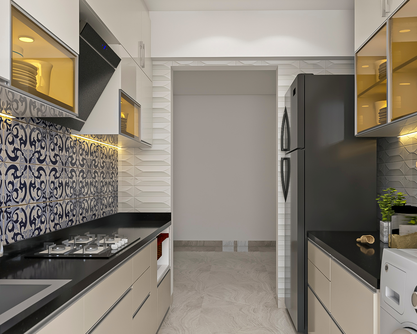 Modern Modular Parallel Kitchen Design In Beige