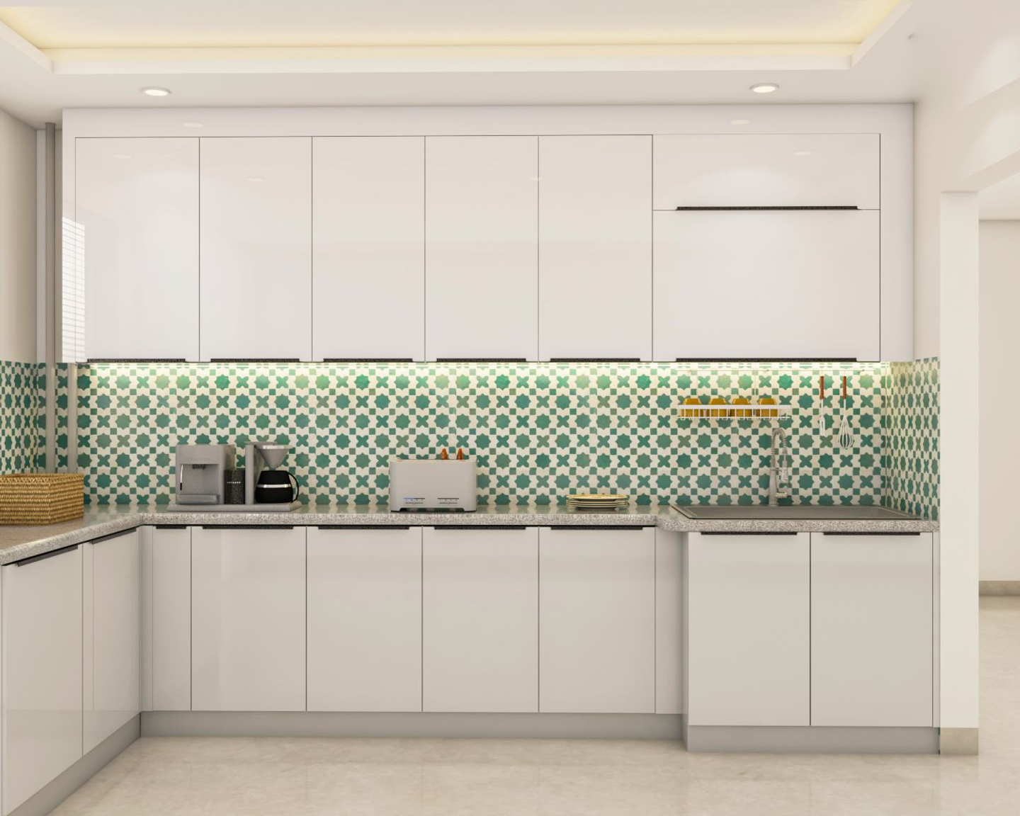 U-Shaped Modern Kitchen Design With Green Dado Tiles