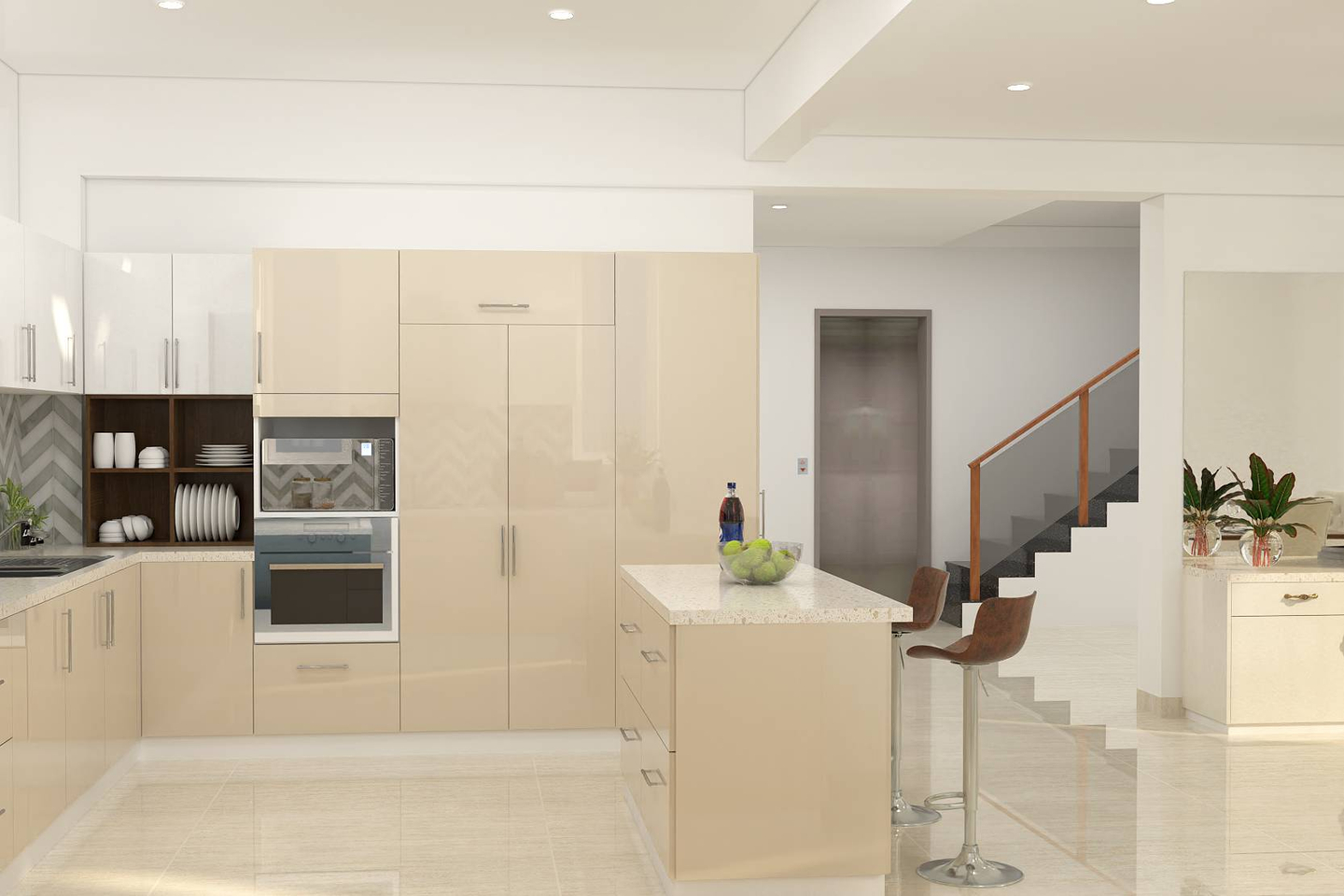 Spacious L-Shaped Modular Kitchen Interior Design With Subtle Colour Palette