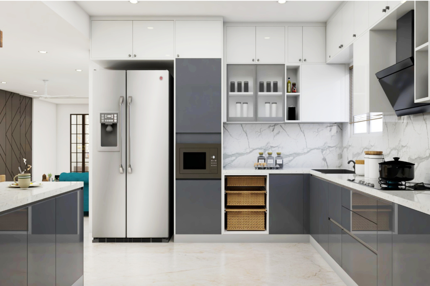 Grey And White Modern U-Shaped Modular Kitchen Design