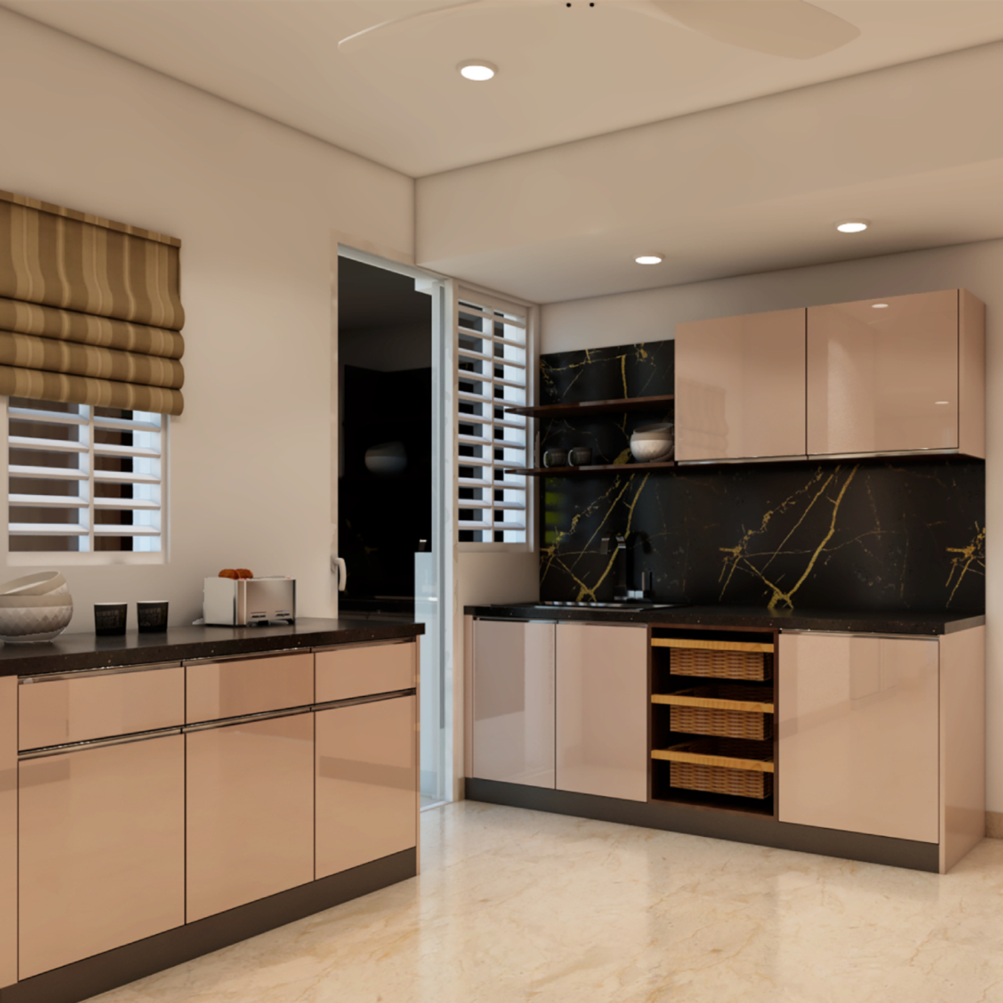 Contemporary Modular Kitchen Design With Beige Shutters