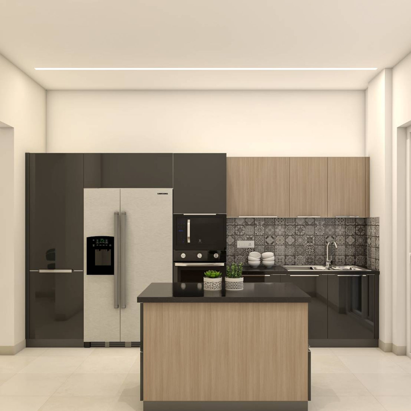 Modular Black And Wood Kitchen - Livspace