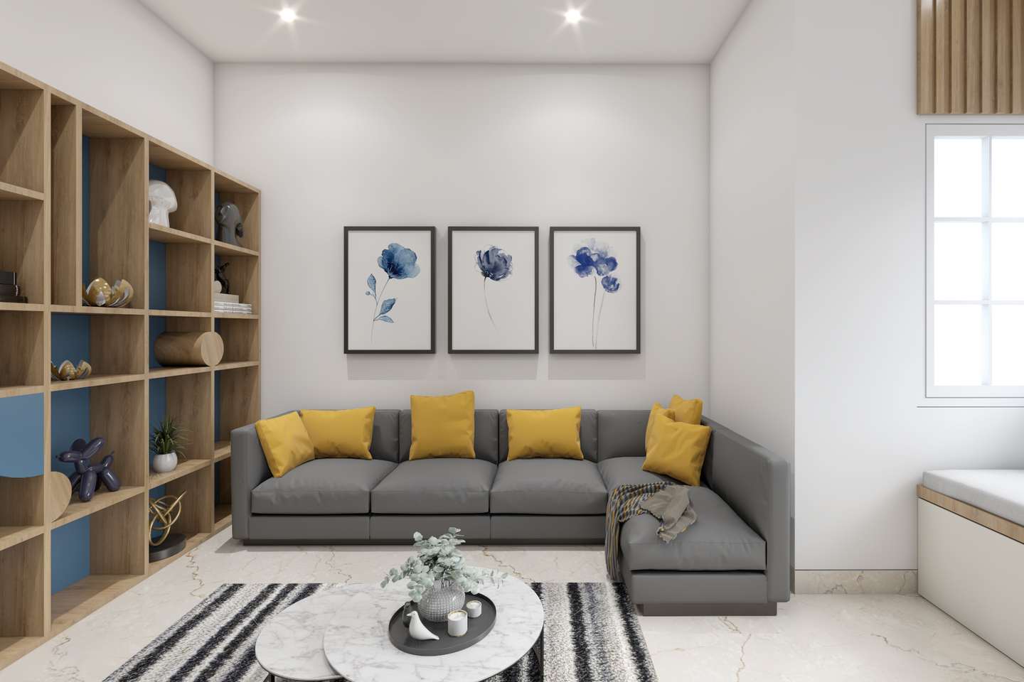 Compact Living Room Design With Grey Upholstered Sofa Livspace