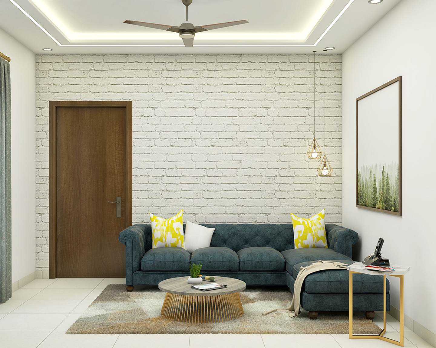 Compact Living Room With White Brick Accent Wall Livspace