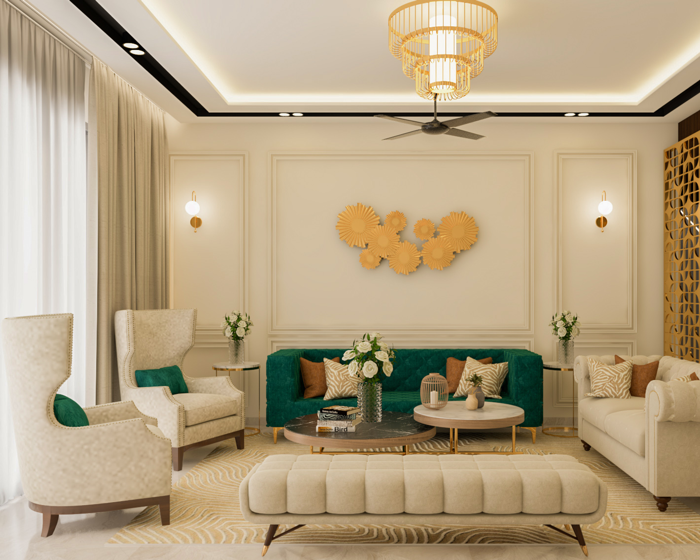 Modern Living Room Design With Dark Green Seater And Beige Textured ...