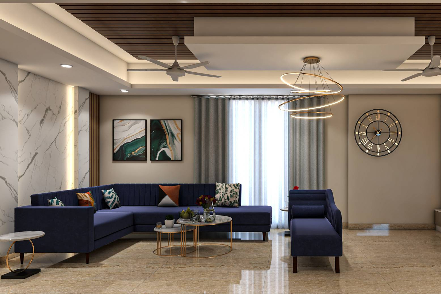 Contemporary White Marble Living Room Design With Strip Lighting Livspace