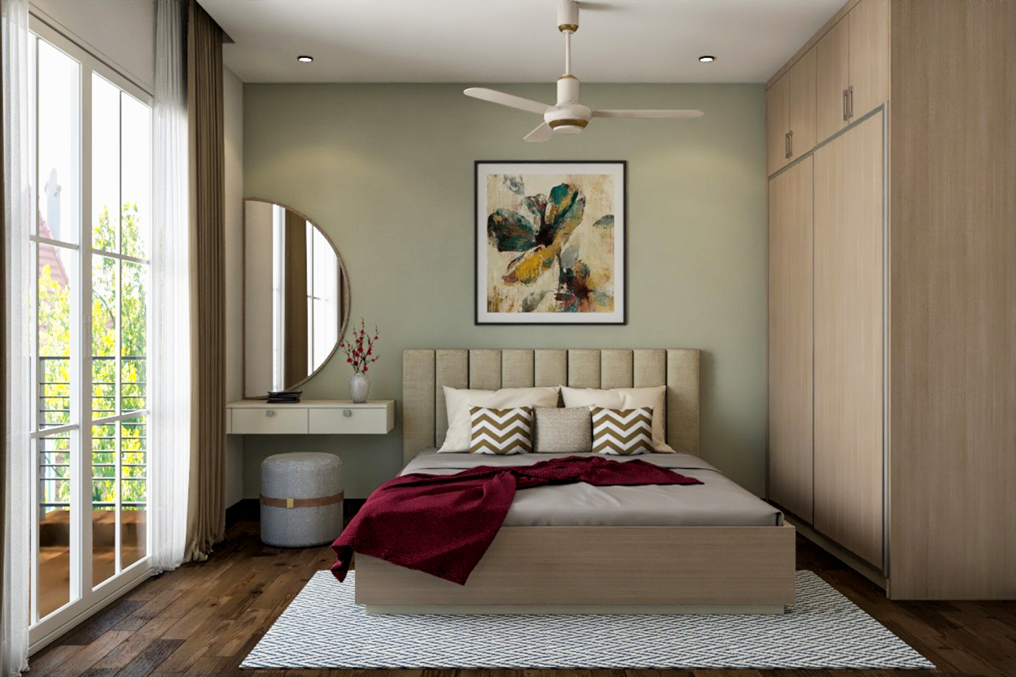 Master Bedroom Design With Sage Green Walls And Large Window | Livspace