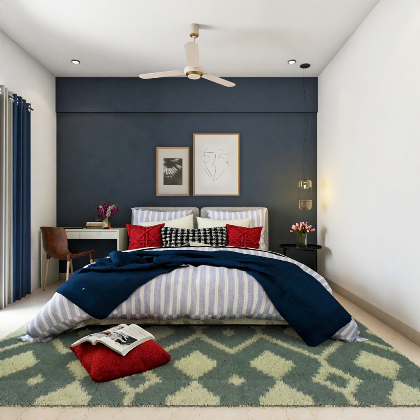 Spacious Master Bedroom Design With Dark Blue Accent Wall And Study