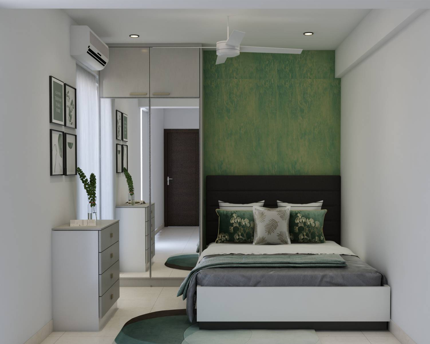 Contemporary Green And Grey Master Bedroom - Livspace