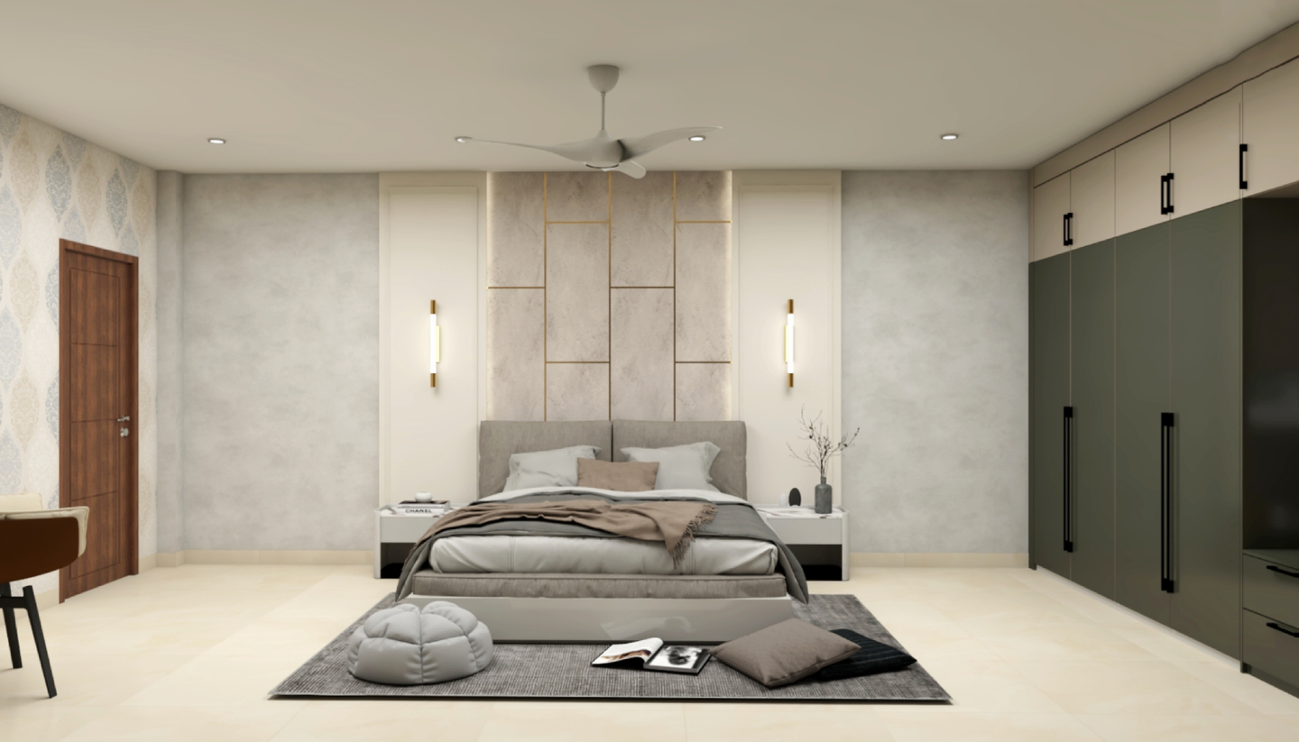 Grey Modern Master Bedroom Design With Wardrobe and Loft | Livspace