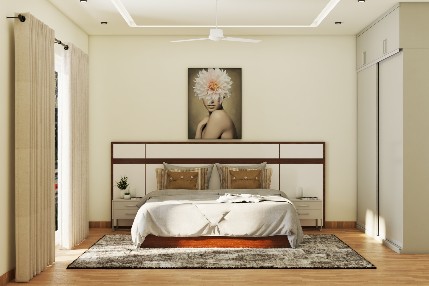 Elegant Master Bedroom Design with Extended Headboard - Livspace