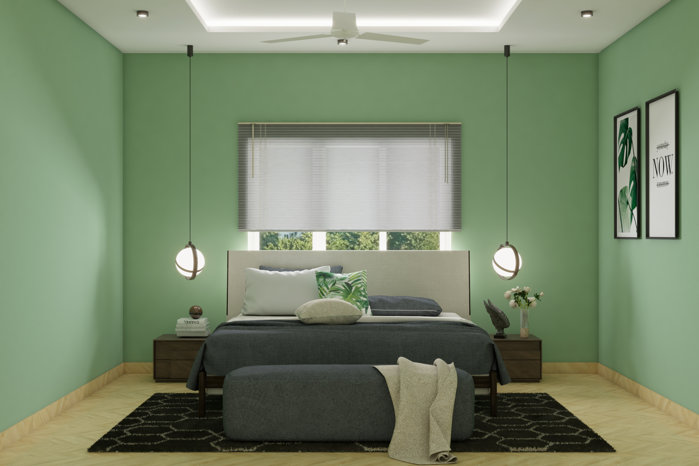 Contemporary Bedroom Design with Green Walls - Livspace