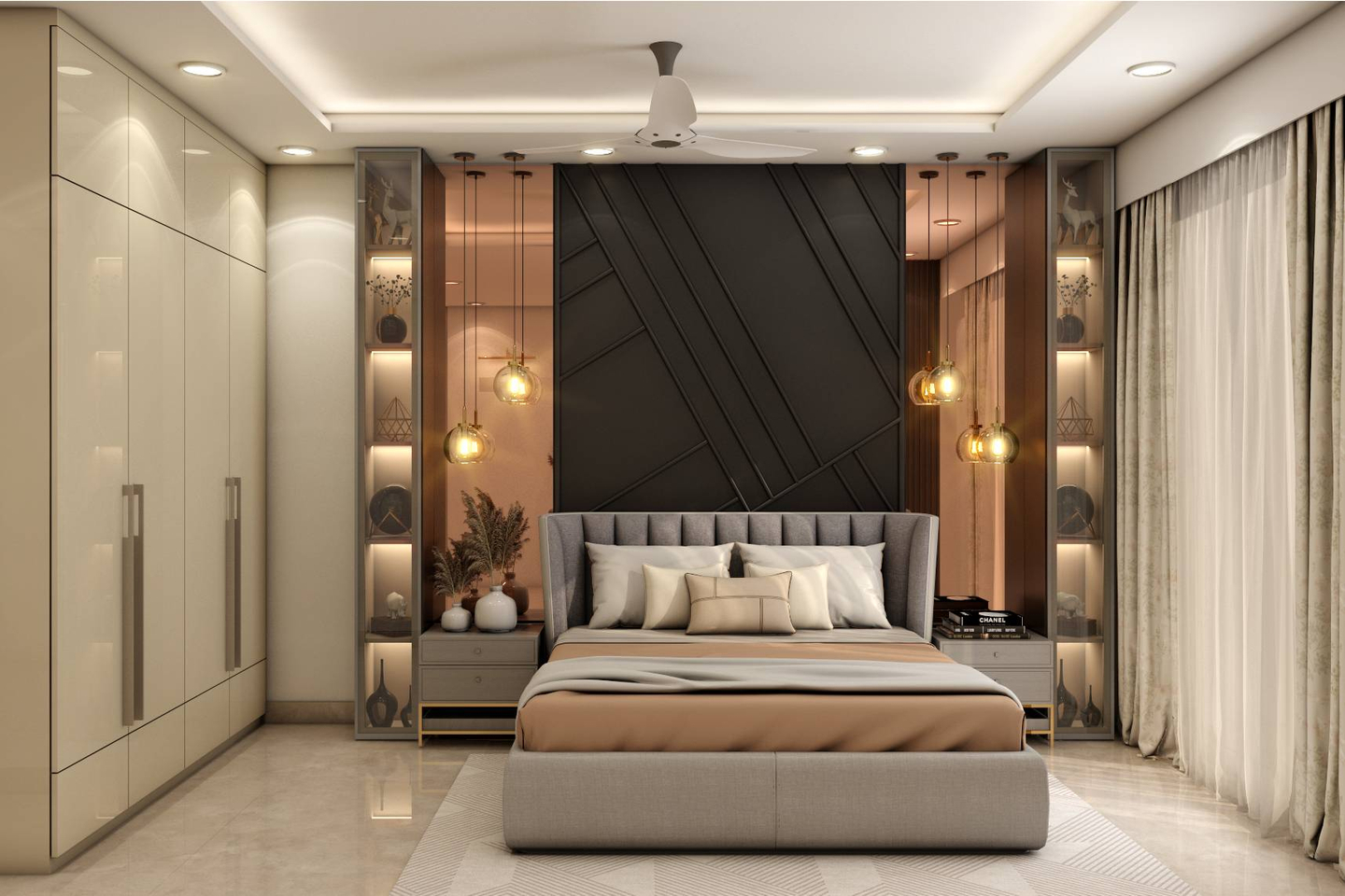 Chic Master Bedroom Design With Grey Upholstered Bed And Black Backdrop