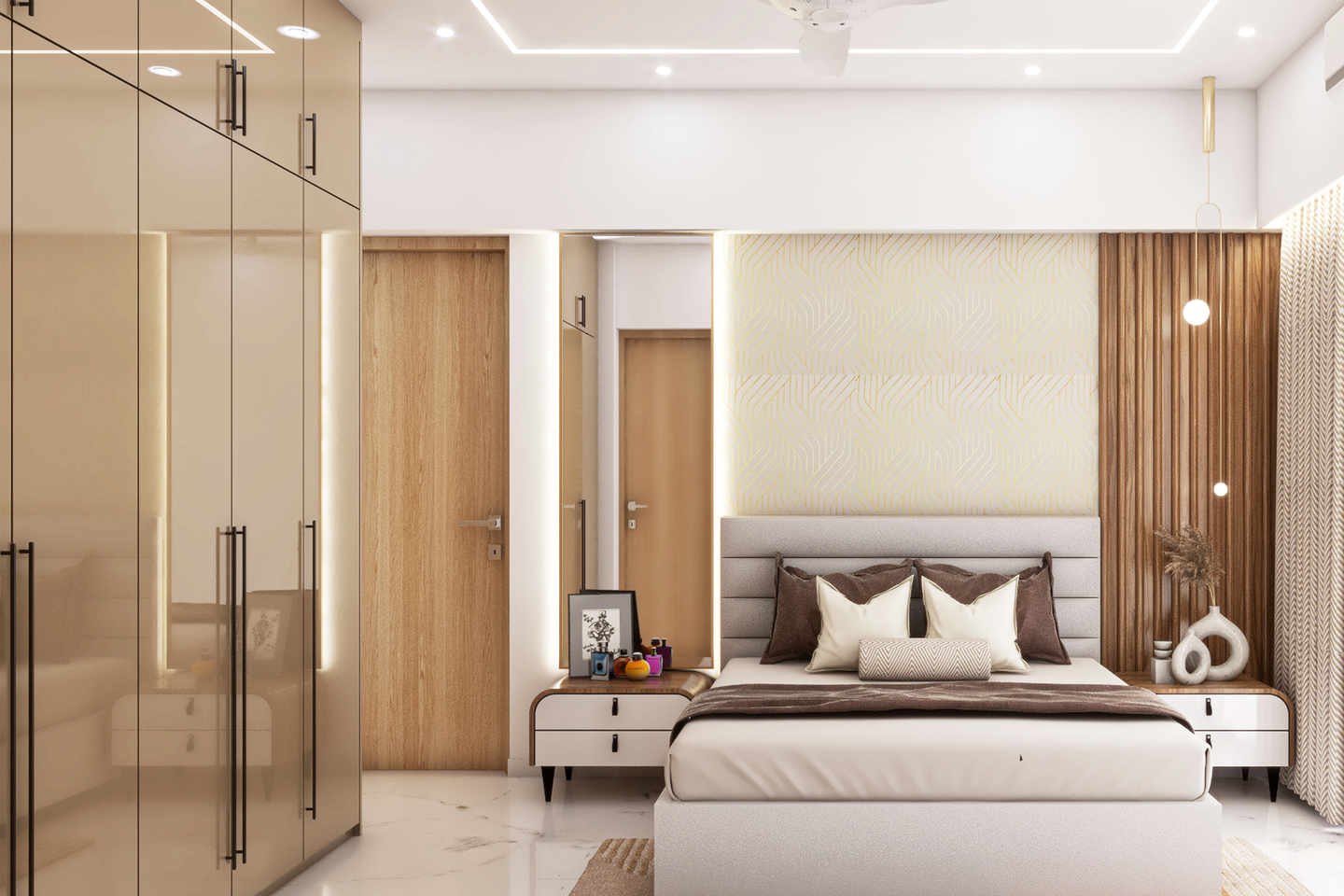 Master Bedroom Design With Glossy Wardrobe - Livspace
