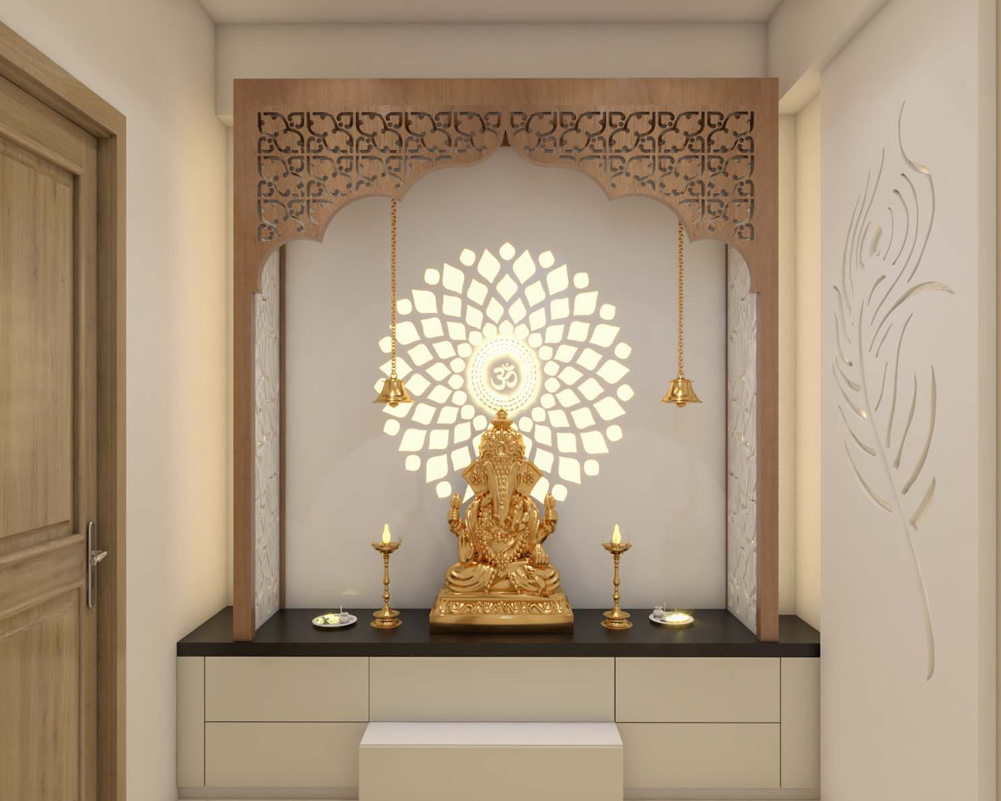 Traditional Pooja Room Design With Wooden Detail Frame Livspace