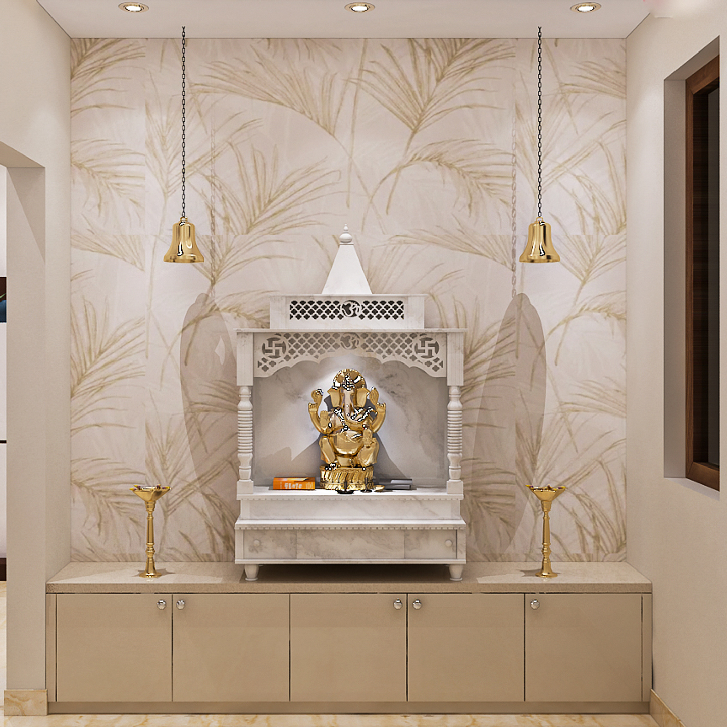 Modern Pooja Unit Design With White Pooja Mandir And Aesthetic Wallpaper Livspace 6616