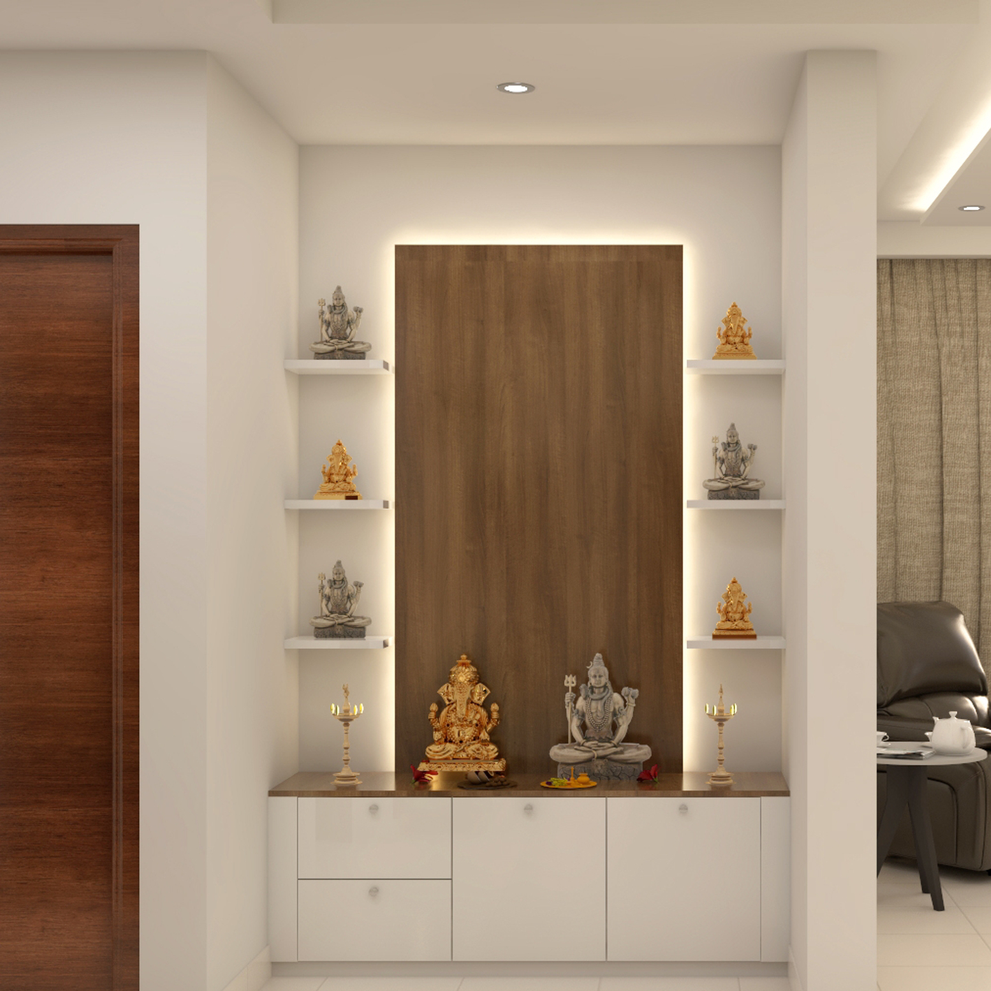 White And Wood Pooja Room Design - Livspace