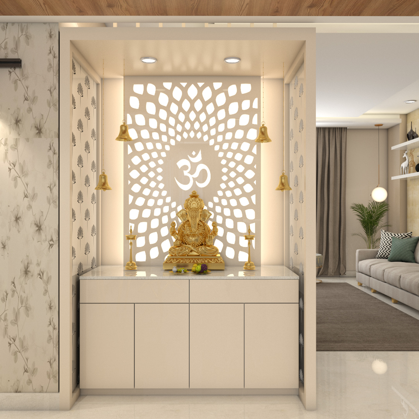 Compact White Pooja Room Design With Patterned Jali | Livspace