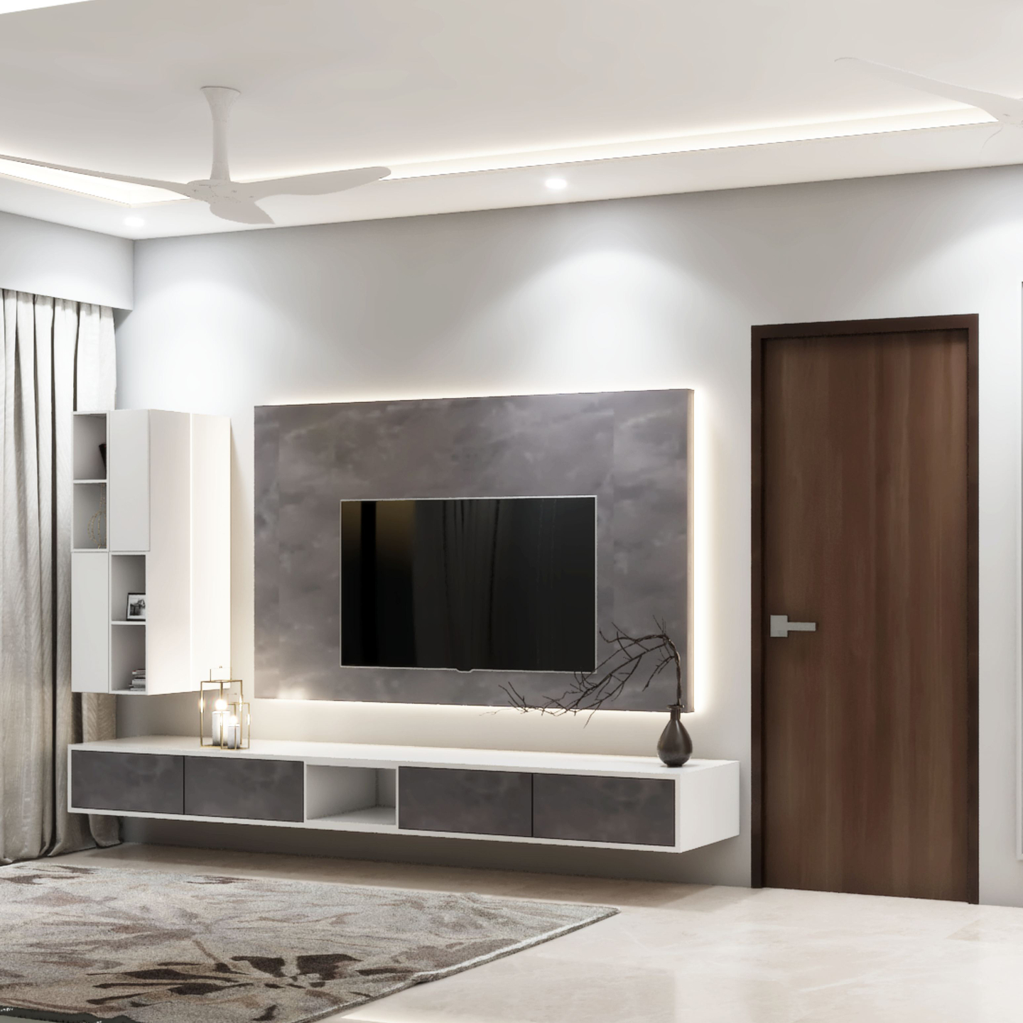 Spacious TV Unit Design With Grey Wall Panel Livspace