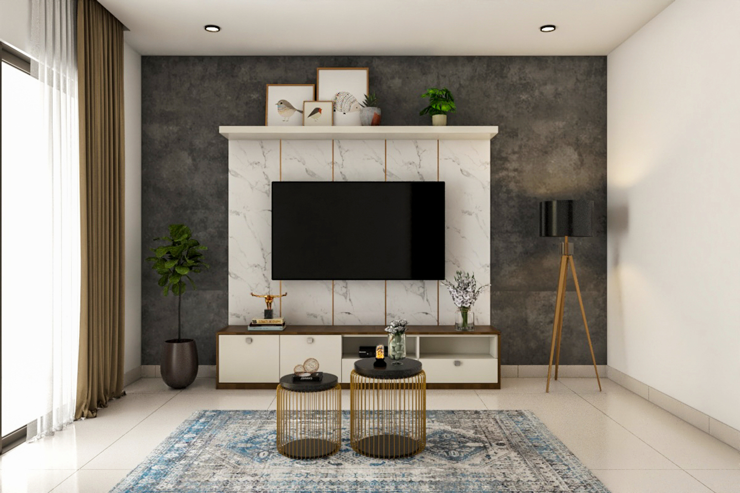 Spacious TV Unit Design With White Backdrop And Dark Grey Textured Wall