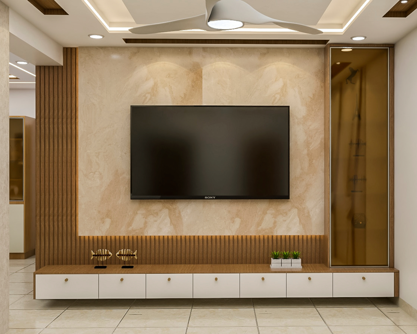 Spacious TV Unit With Fluted Wall Panel Livspace