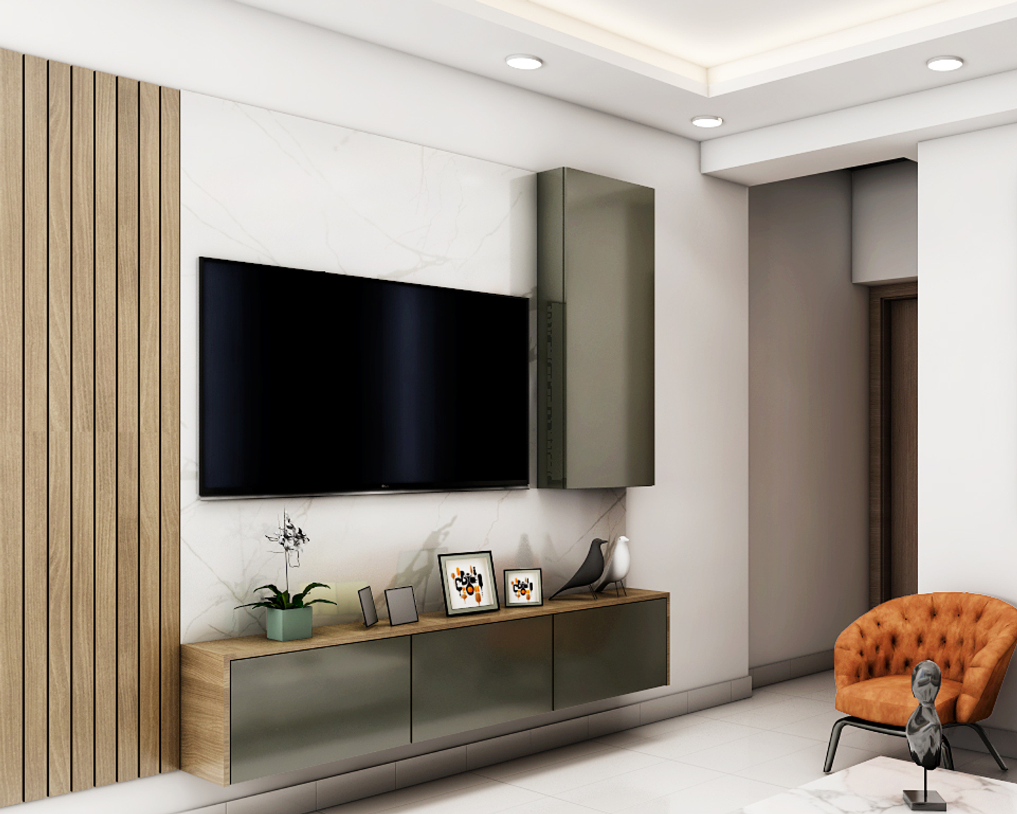 Simple Brown Toned TV Unit Design With Wall Mounted Console Unit Livspace