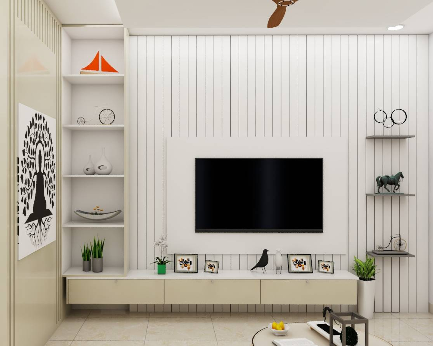 Modern Spacious TV Unit Design With Cream Interiors Livspace