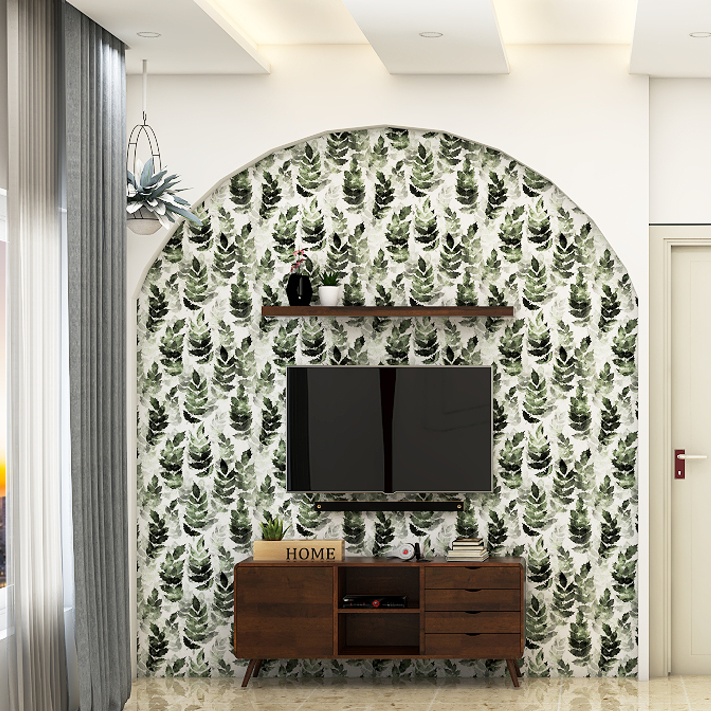 Modern Compact TV Unit Design With Floral Wallpaper Livspace